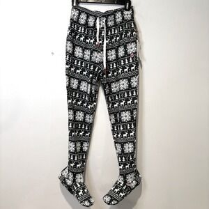 NWT FeeJays Footed‎ Pajama Pants XS Pockets Green Snowflakes Christmas PJs